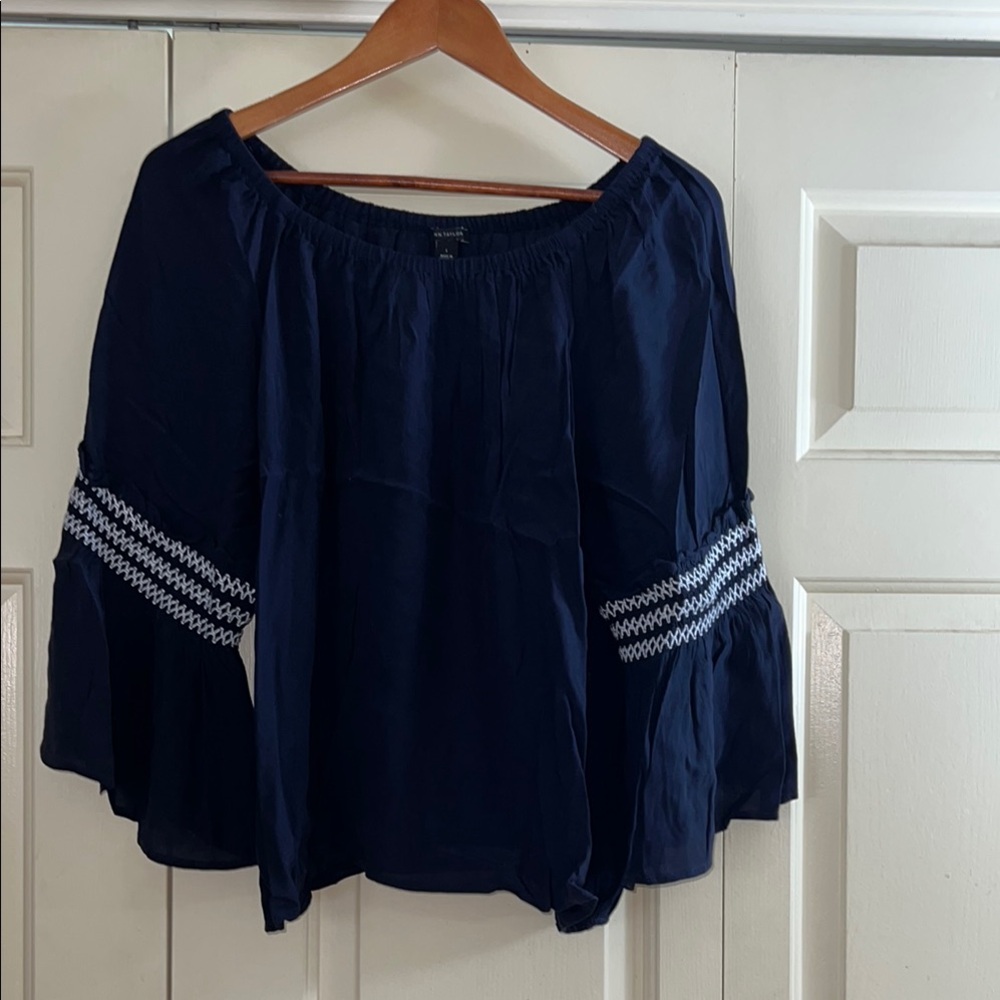 Ann Taylor Navy Blue Bell Sleeve on or off shoulder bohemian Blouse